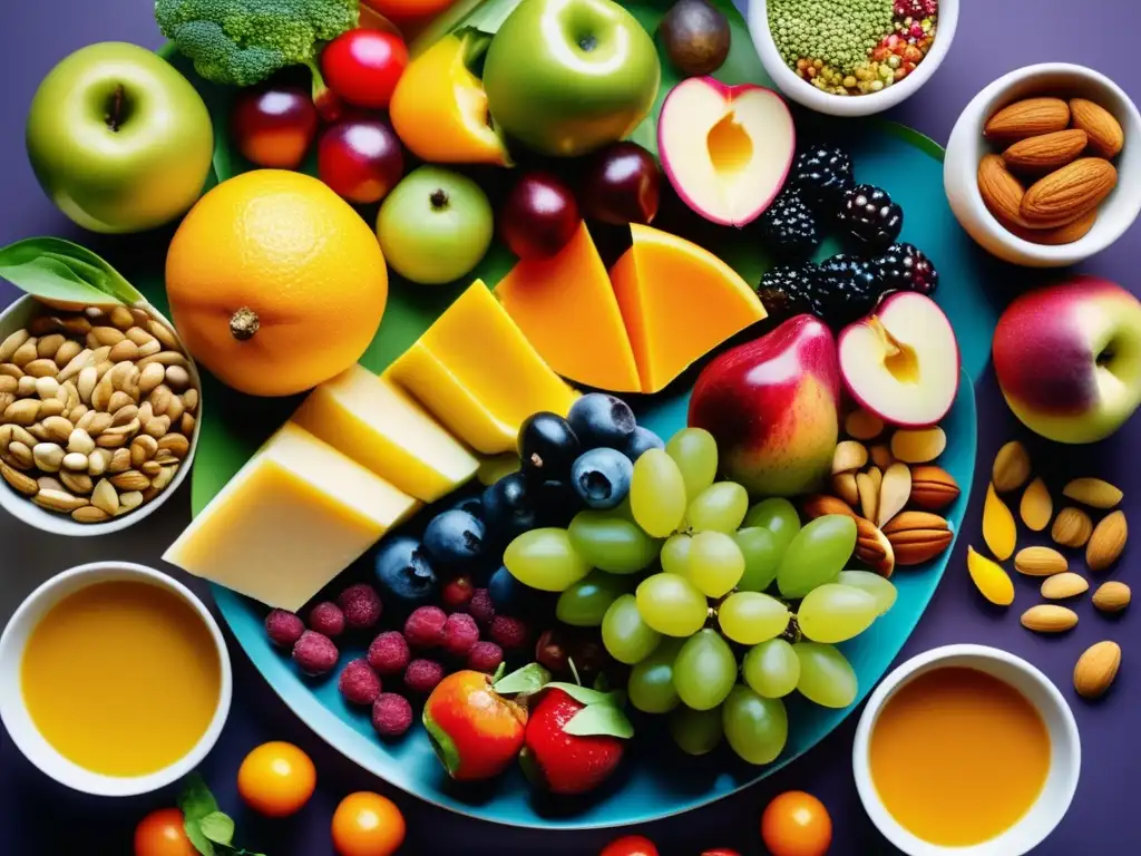 Una imagen detallada de un plato de comida colorido, mostrando frutas, verduras, nueces y semillas con estructuras moleculares visibles. Los colores vibrantes y texturas crean una imagen llamativa y apetitosa, mientras que los detalles moleculares transmiten el enfoque científico del artículo,