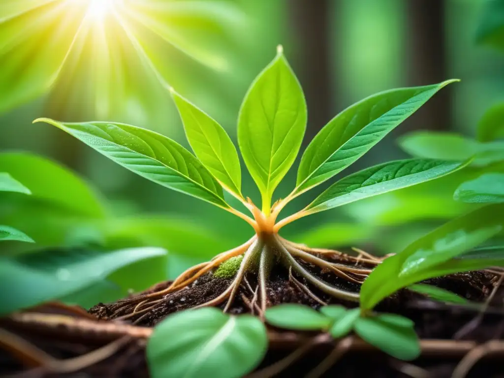 Una imagen de alta resolución de una exuberante planta de ginseng en su hábitat natural, resaltando cada detalle de sus hojas, tallos y raíces. La luz del sol brilla a través del dosel del bosque, creando un aura cálida y etérea sobre la planta, con diminutas gotas