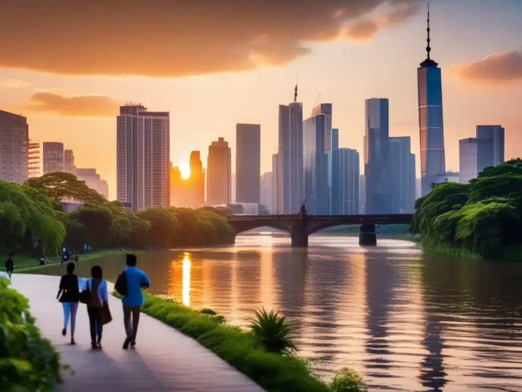 La imagen muestra un impresionante horizonte urbano al atardecer, reflejando la cálida luz del sol sobre un río. <b>Personas diversas caminan junto al río, representando la interacción entre el desarrollo urbano y los paisajes naturales.</b> Destaca las desigualdades económicas en la longevid