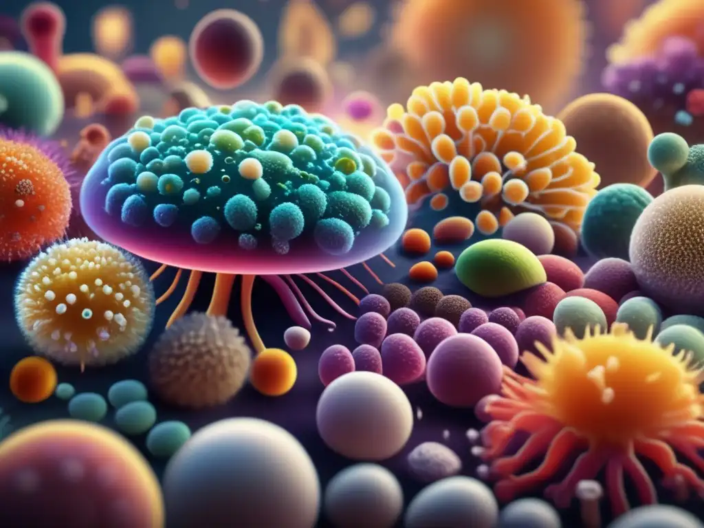 Una imagen en 8k muestra un vibrante ecosistema de microorganismos, fortaleciendo el microbioma y el sistema inmunológico.