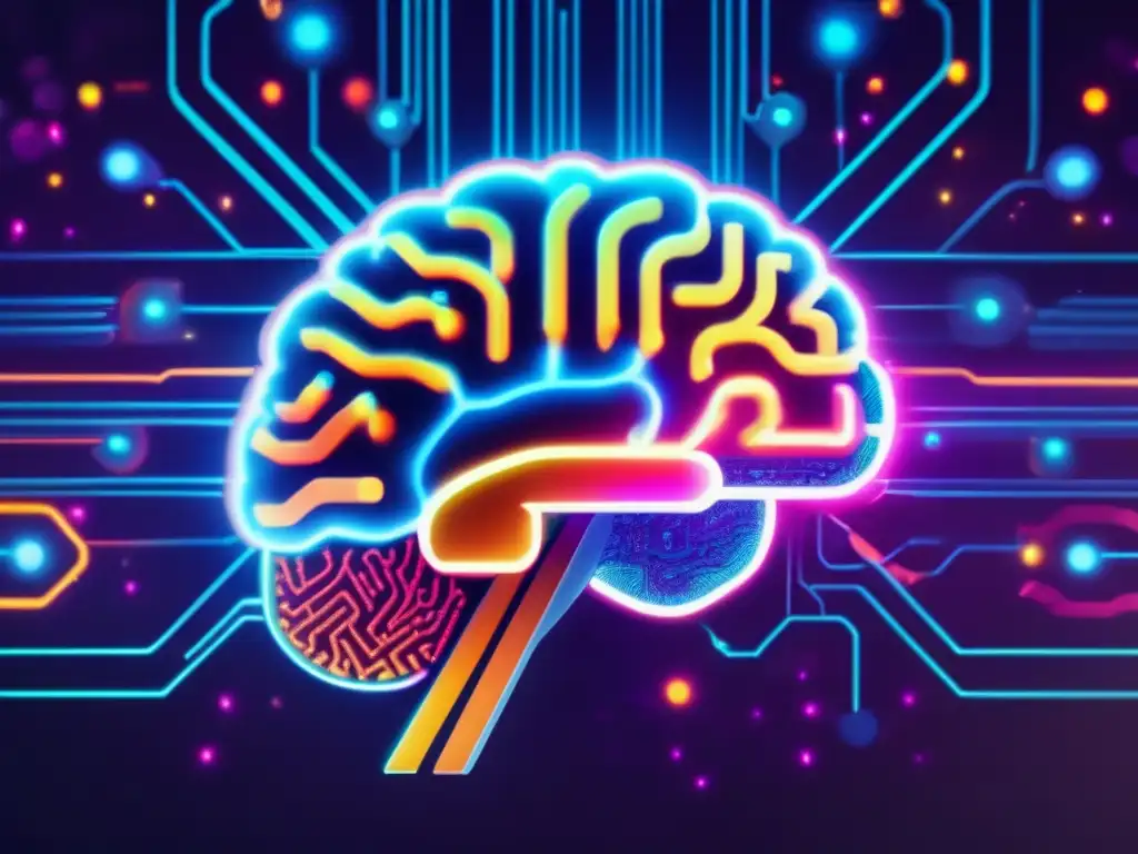 Una representación visualmente impactante de un cerebro humano con patrones de circuitos brillantes y colores neón, rodeado de manos envejecidas. <b>Captura la temática de medicamentos nootrópicos en envejecimiento.