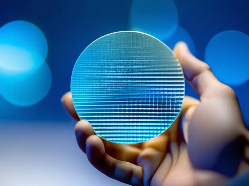 Una impresionante imagen de alta resolución de un cristalino wafer de silicio, resaltando su estructura intrincada y propiedades reflectantes. <b>Sostenido delicadamente en una mano enguantada, con una suave gradación de tonos azules y plateados de fondo.</b> Esta visualización impresionante del silicio destaca