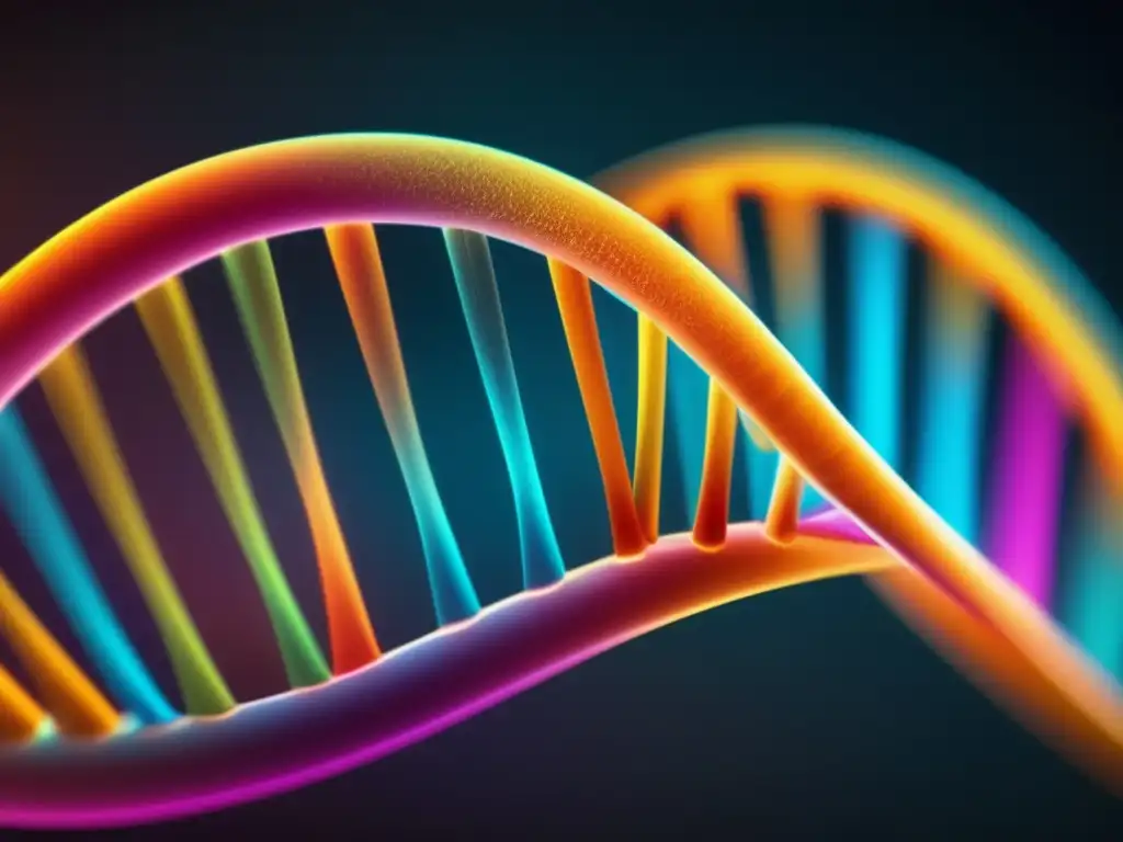 Una impresionante imagen en alta resolución de una colorida estructura de doble hélice de ADN, con brillantes y vibrantes hebras retorciéndose e entrelazándose sobre un fondo oscuro. <b>Los detalles intrincados de los pares de bases nucleotídicas y la elegante simetría de la estruct