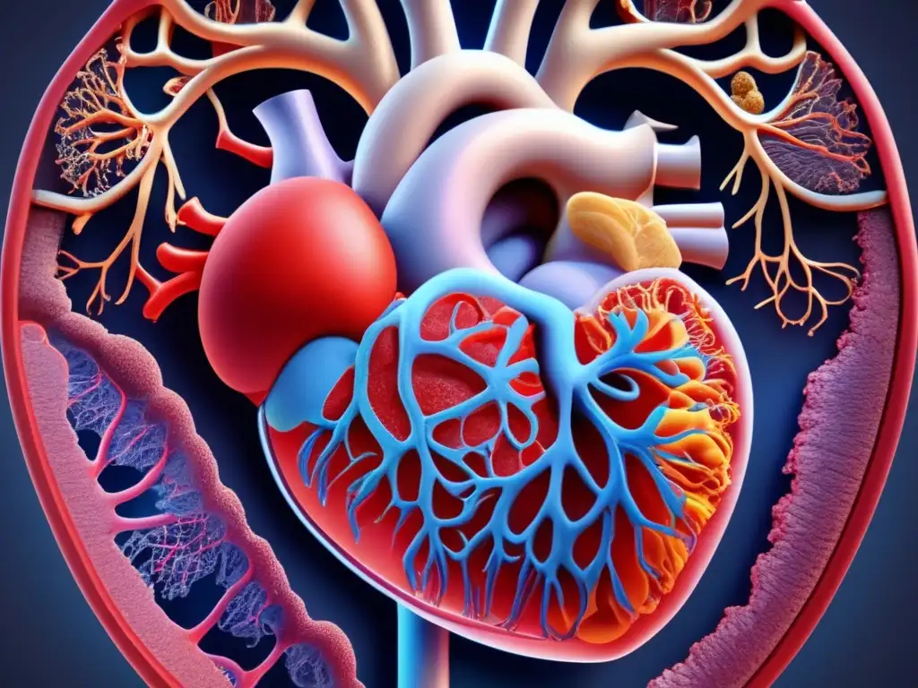 Una impresionante representación en 8k de un corazón humano, destacando la compleja interacción entre inmunología y enfermedades cardiovasculares en envejecimiento.