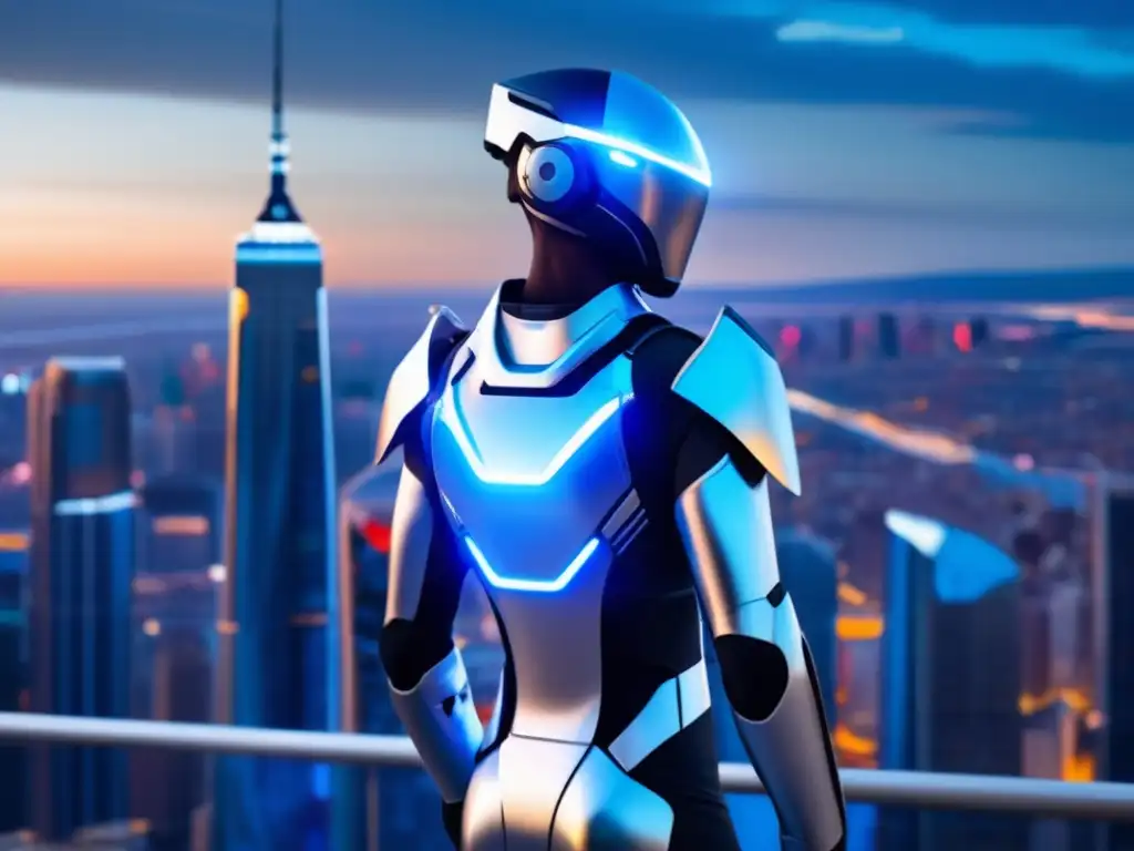 Un individuo con un exoesqueleto futurista en la ciudad, evocando progreso y potencial humano. <b>Beneficios del uso de exoesqueletos.