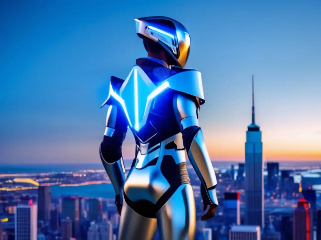 Exoesqueleto futurista en la ciudad Un individuo se destaca con un traje exoesqueleto futurista en una ciudad brillante, mostrando los beneficios del uso de exoesqueletos.