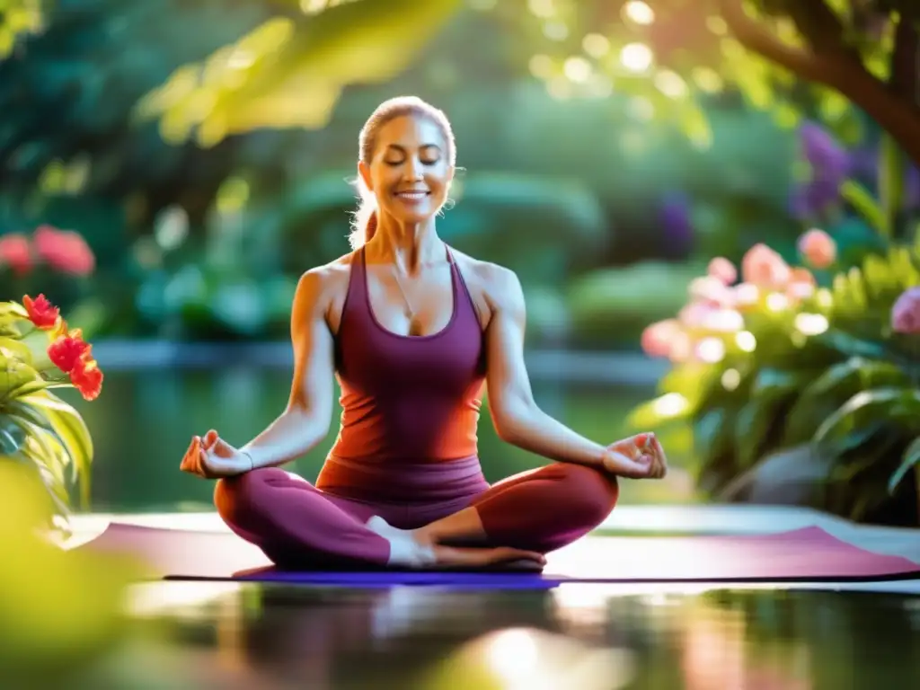 Una instructora de yoga serena realiza avanzadas técnicas de estiramiento en un exuberante jardín, rodeada de flores vibrantes y agua tranquila. La imagen transmite longevidad y vitalidad, invitando a los espectadores a abrazar la práctica del yoga para una vida equilibrada y saludable.