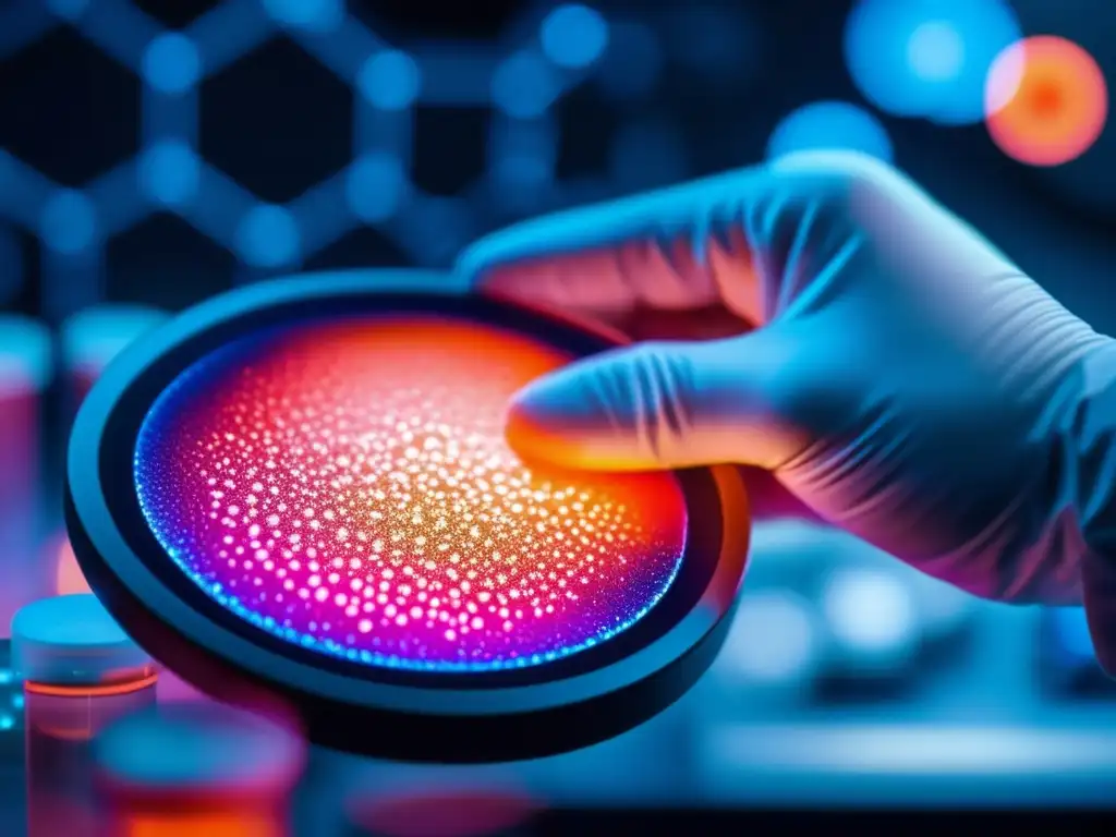 Un investigador de laboratorio sostiene una placa de Petri llena de fármacos senolíticos para longevidad humana, que emiten un resplandor vibrante bajo el microscopio. <b>La escena irradia descubrimiento científico y potencial innovador.