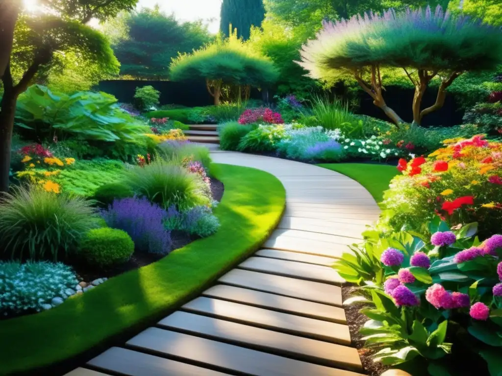 Un jardín moderno y sereno con flores vibrantes y exuberante vegetación. <b>El sol se filtra entre las hojas, creando sombras en el suelo, mientras un arroyo añade tranquilidad.</b> Un banco de madera entre las flores invita a la contemplación y relajación, ofreciendo beneficios ter