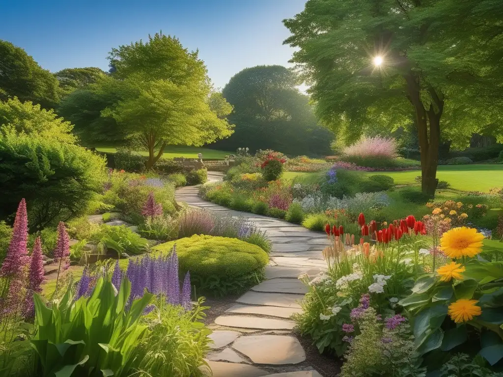 Un jardín sereno bañado por el sol con flores vibrantes, un sendero de piedra y un estanque tranquilo. <b>Personas mayores disfrutan de la jardinería terapéutica entre la naturaleza.</b> <b>Beneficios terapéuticos de la jardinería.