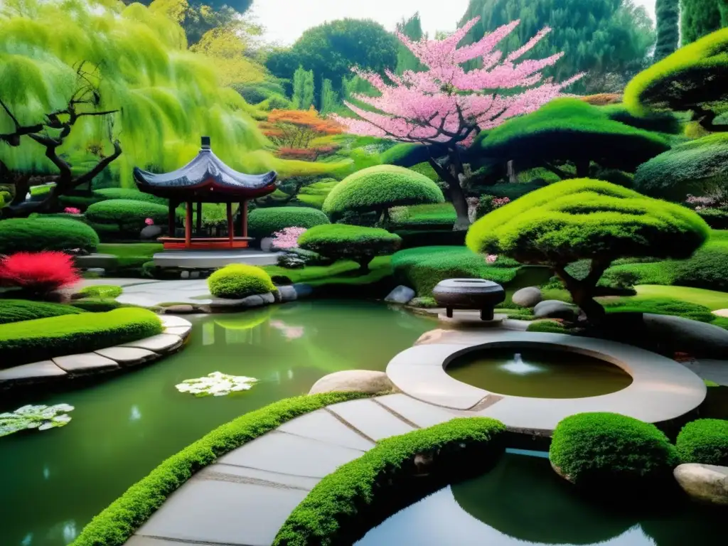 Un jardín sereno y exuberante con árboles de cerezo en flor, senderos sinuosos y un estanque de peces koi. En el centro, un área de meditación tranquila con un símbolo taoísta y un anciano practicando tai chi. Consejos taoístas para