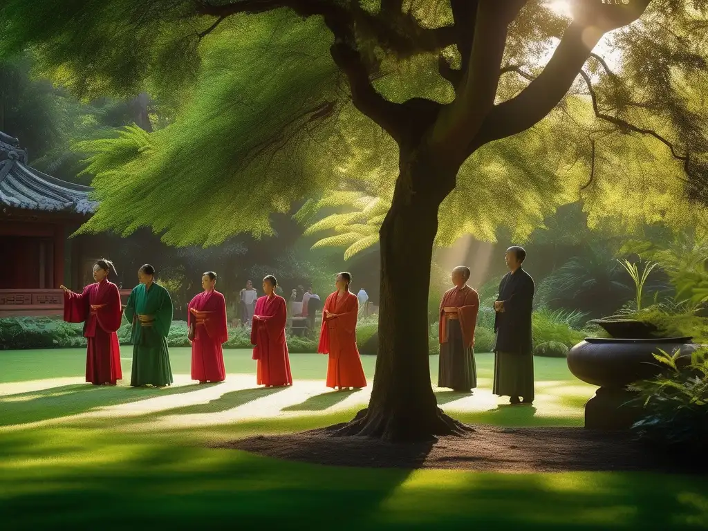 Un jardín sereno y exuberante donde un grupo practica Qigong para longevidad y vitalidad, rodeados de energía natural y tranquilidad.