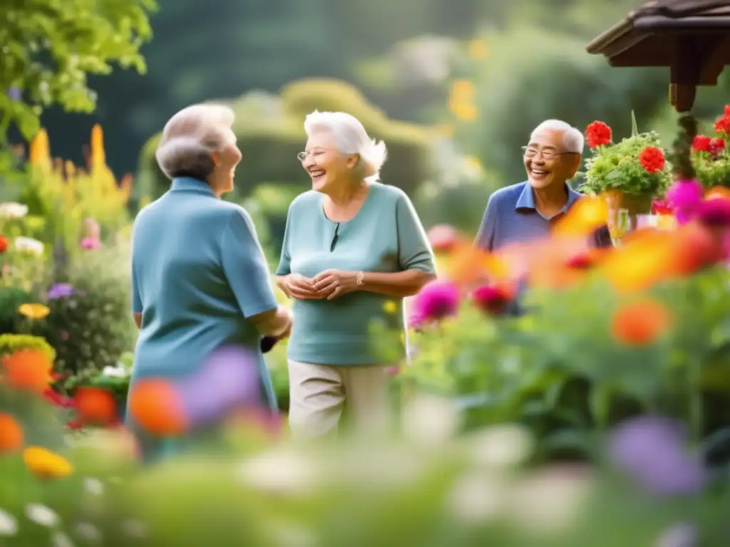 Un jardín sereno y soleado con vibrantes flores en plena floración, donde un grupo de personas mayores disfruta de risas, conversaciones y actividades que exudan alegría y contento. La imagen captura la esencia de la felicidad y longevidad, con la naturaleza simbolizando la intercon