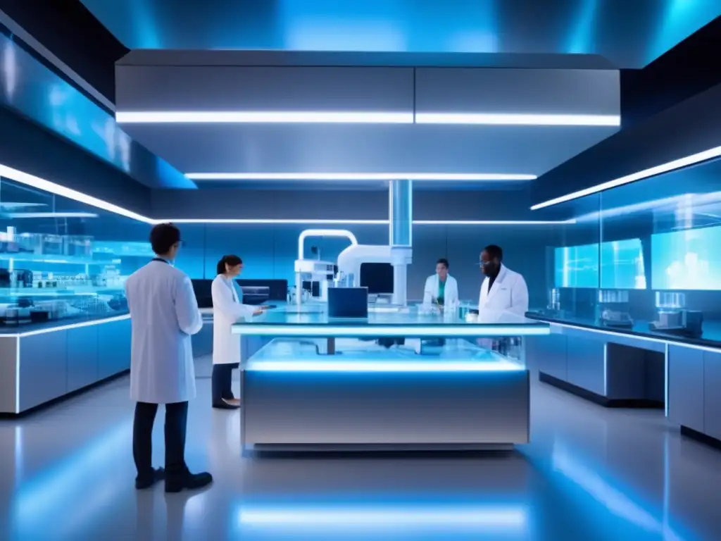 Un laboratorio futurista de alta tecnología con científicos en batas blancas trabajando en un dispositivo médico innovador. <b>La atmósfera irradia progreso y ética médica en transhumanismo longevidad.