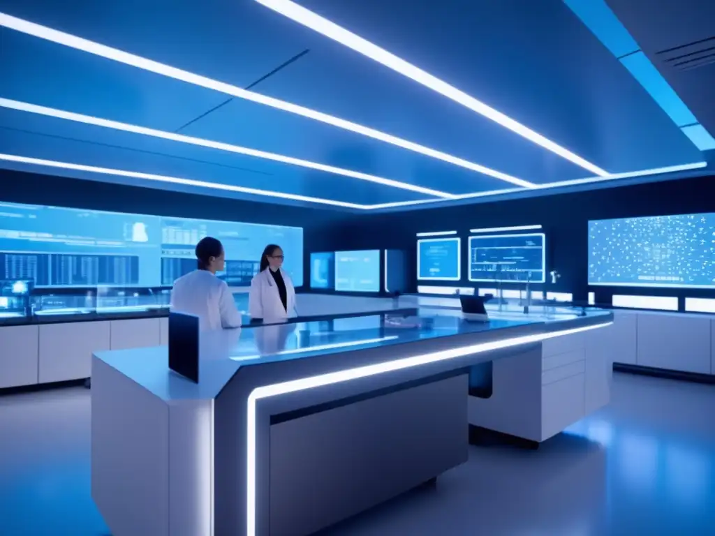 Un laboratorio futurista con tecnología de vanguardia y científicos discutiendo beneficios de los miméticos de restricción calórica.