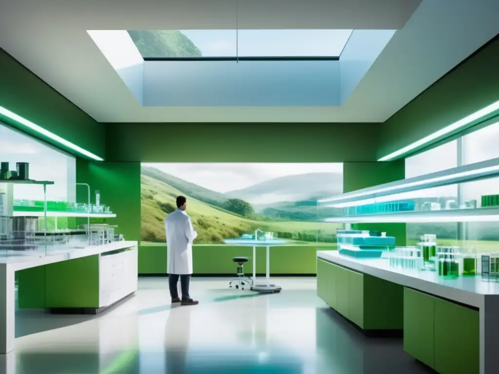 Un laboratorio moderno con equipamiento de vanguardia y suplementos para longevidad saludable. <b>Paisaje verde y luz suave.