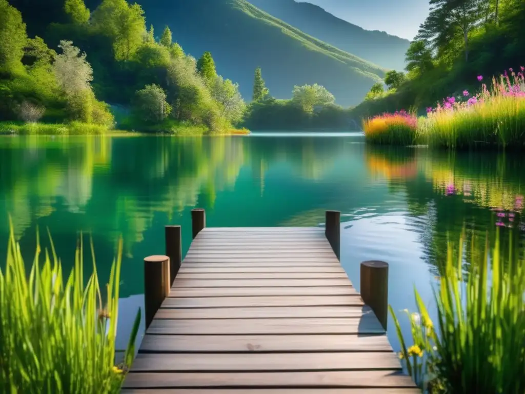 Un lago sereno y cristalino entre montañas verdes, con un muelle de madera extendiéndose en el agua. <b>La luz del sol filtra a través de los árboles, proyectando sombras moteadas en la superficie tranquila del lago.</b> Una pequeña y elegante plataforma de yoga es visible