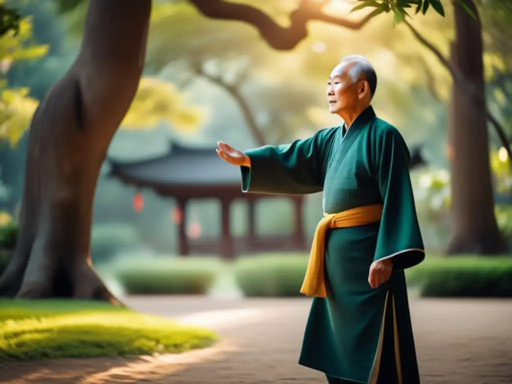 Un maestro anciano practica Qigong para longevidad y vitalidad en un jardín sereno, rodeado de árboles antiguos. <b>La luz matutina crea un ambiente tranquilo y sabio.