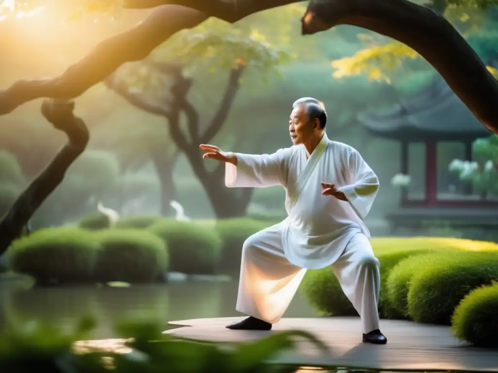 Un maestro taoísta practica Tai Chi al amanecer en un jardín sereno y exuberante, rodeado de árboles antiguos y estanques tranquilos. La luz suave de la mañana ilumina la atmósfera neblinosa, creando una ambiente calmante y místico.