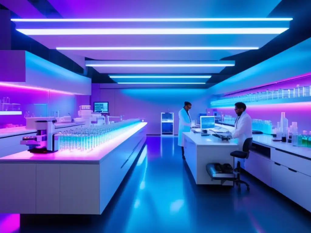 Lab futurista con científicos, hologramas y líquidos brillantes