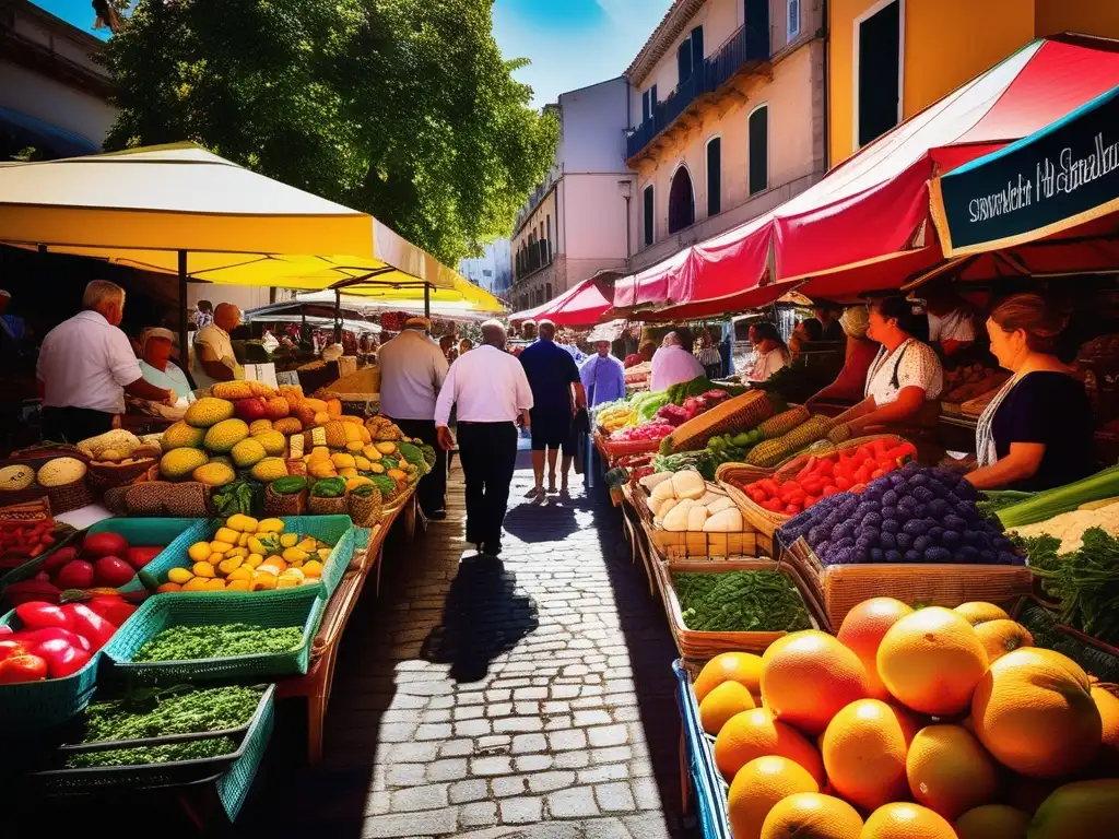 Un mercado mediterráneo bullicioso y vibrante, repleto de frutas y verduras frescas y coloridas, hierbas aromáticas y especialidades locales. La luz del sol atraviesa la concurrida plaza, creando sombras profundas y resaltando las ricas texturas de los puestos del mercado. La esc