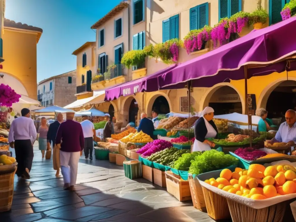 Un mercado mediterráneo tradicional rebosante de alimentos frescos y coloridos, bañado por la cálida luz del sol. La escena está rodeada de edificios de piedra históricos y bougainvillea, representando la esencia de la Dieta Mediterránea y su conexión con la longevidad hum