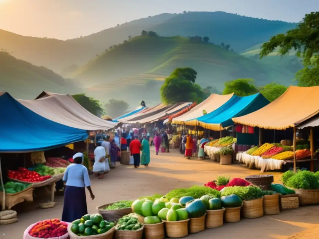 Un mercado vibrante y bullicioso en un pueblo rural, con puestos coloridos vendiendo productos frescos, artesanías y textiles tradicionales. El sol brilla cálidamente sobre la escena, mientras los lugareños participan en animadas conversaciones. El telón de fondo de exuberante vegetación y colinas ond