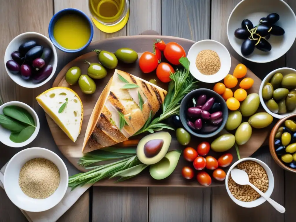 Una mesa rústica de madera exhibe una vibrante comida mediterránea, resaltando la variedad y riqueza de la dieta mediterránea en la prevención de enfermedades cardiovasculares.