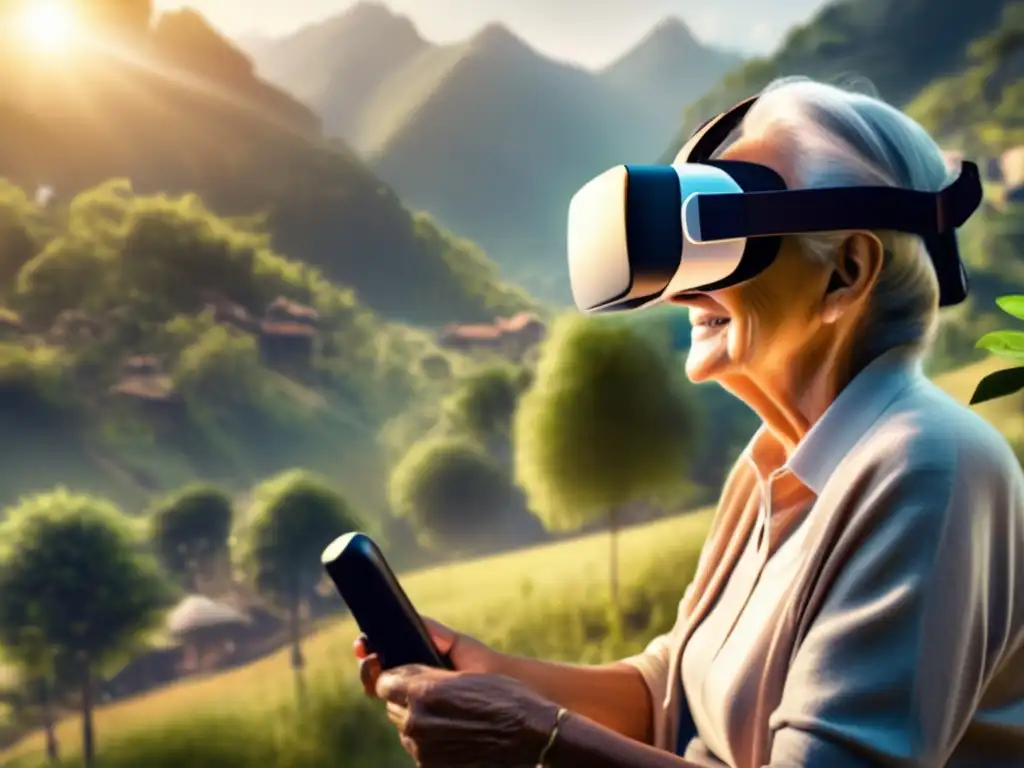Un miembro de la comunidad de la tercera edad en una aldea remota usando realidad virtual para acceder a salud mental, rodeado de naturaleza.