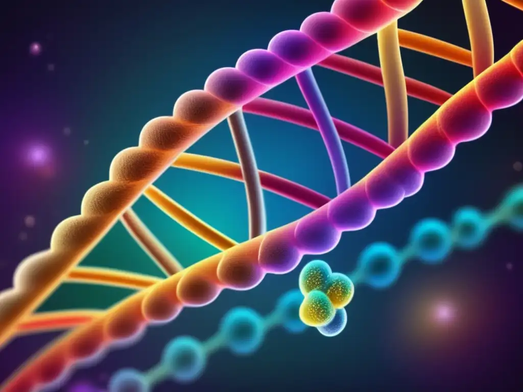 Ilustración moderna de un complejo enzimático de telomerasa en un extremo de un filamento de ADN, con colores vibrantes y detalles intrincados que representan el proceso científico de elongación de telómeros. La imagen muestra los componentes moleculares involucrados en la activación de