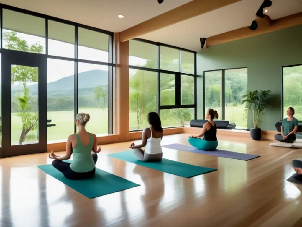 Un moderno centro de bienestar con amplias ventanas con vista a un exuberante paisaje verde. <b>El ambiente irradia calma y equilibrio, con toques de vegetación y tonos terrosos.</b> <b>Programas de bienestar enfoque holístico.