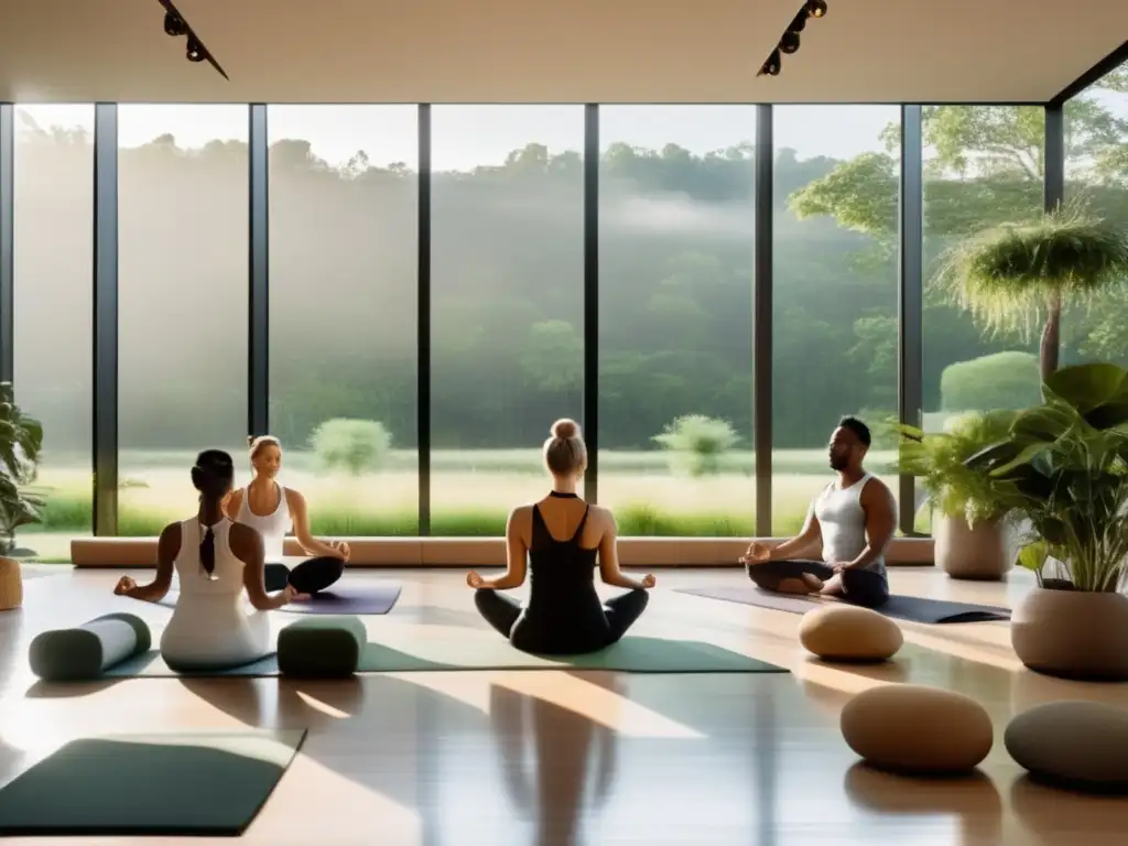 Un moderno centro de bienestar con vista a un paisaje verde. <b>Personas meditan en yoga mats.</b> <b>Atmosfera de serenidad y bienestar para longevidad.