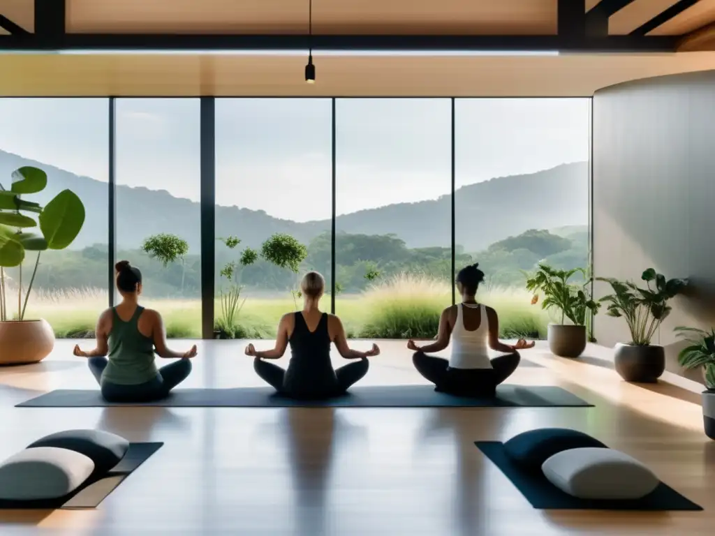 Un moderno centro de bienestar con vista a un paisaje verde. <b>Personas practican yoga, creando un ambiente de serenidad y equilibrio.</b> <b>Desintoxicación para alargar vida saludable.