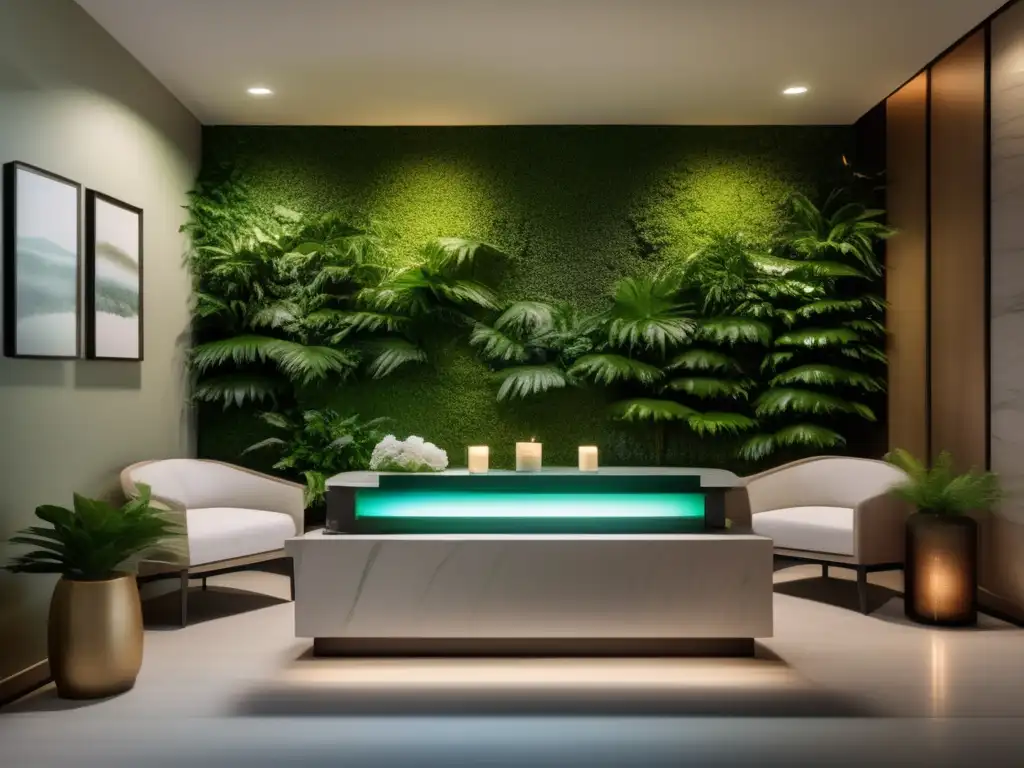 Un moderno spa con iluminación suave, vegetación exuberante y un ambiente sereno. <b>Muestra lujo y relajación, ideal para Terapias de desintoxicación para longevidad.