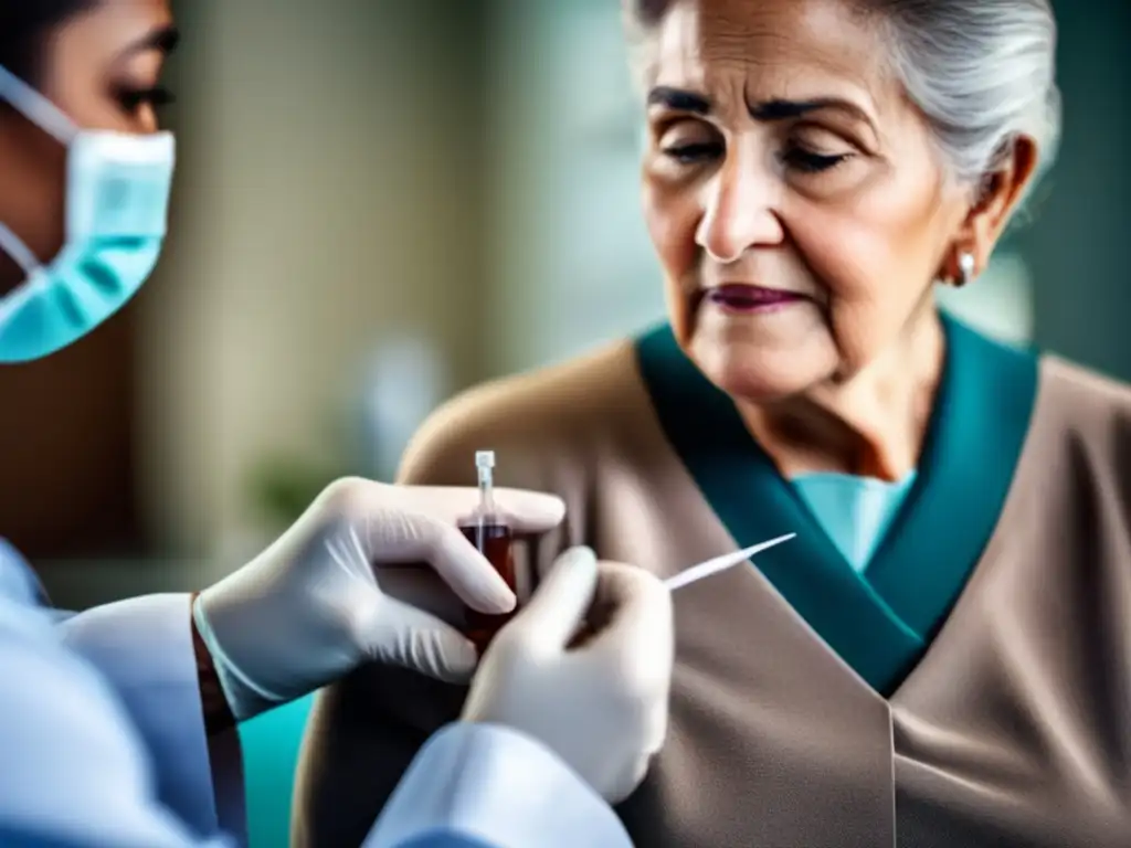 Un momento esperanzador: un adulto mayor recibe la vacuna en una clínica moderna. Importancia vacunas prevención enfermedades adultos mayores