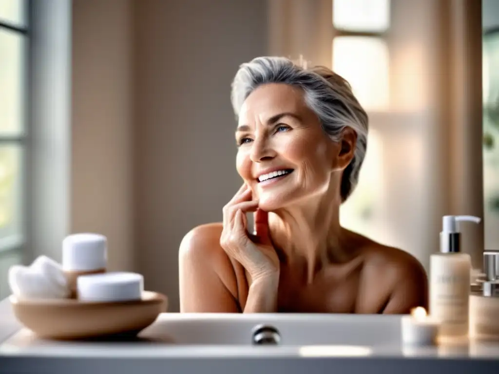 Una mujer en sus 50s cuida su piel con tranquilidad en un lujoso baño luminoso. <b>Productos de cuidados de la piel menopausia en estantes.