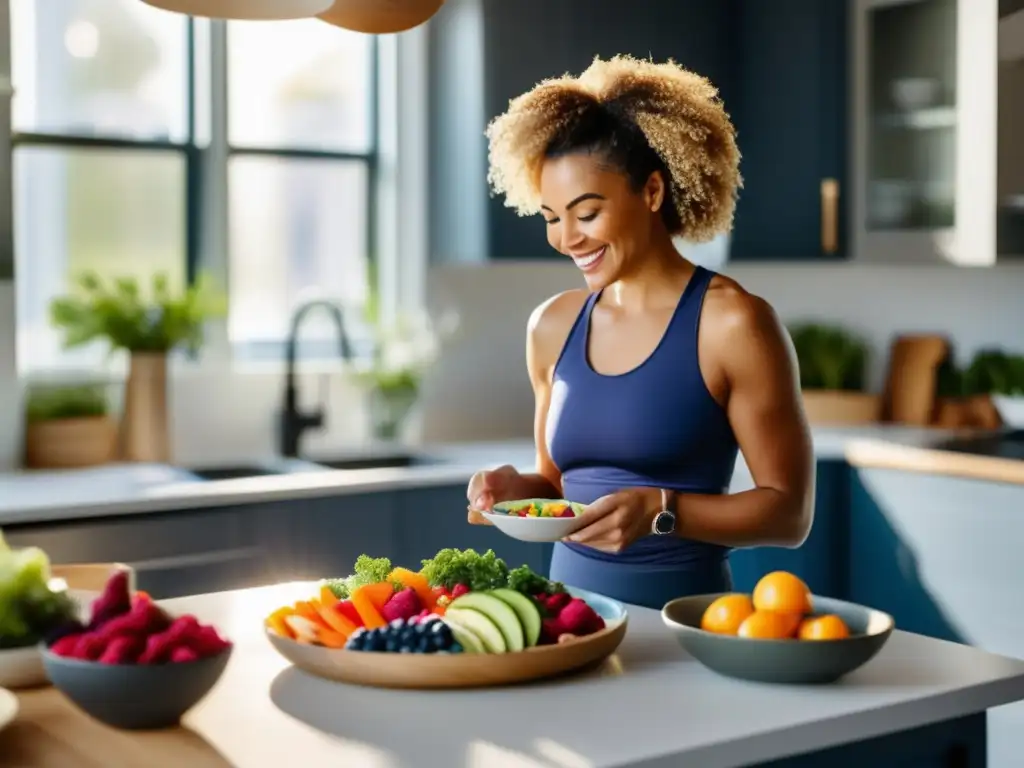 Una mujer prepara una comida saludable en una cocina soleada y moderna. <b>Su postura irradia vitalidad y confianza.</b> <b>Consejos ayuno intermitente longevidad mujeres.