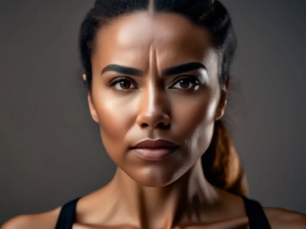 Una mujer realiza ejercicios fitness facial antiarrugas con determinación, iluminada por suaves luces naturales. <b>Su expresión serena pero decidida refleja la importancia del cuidado facial.