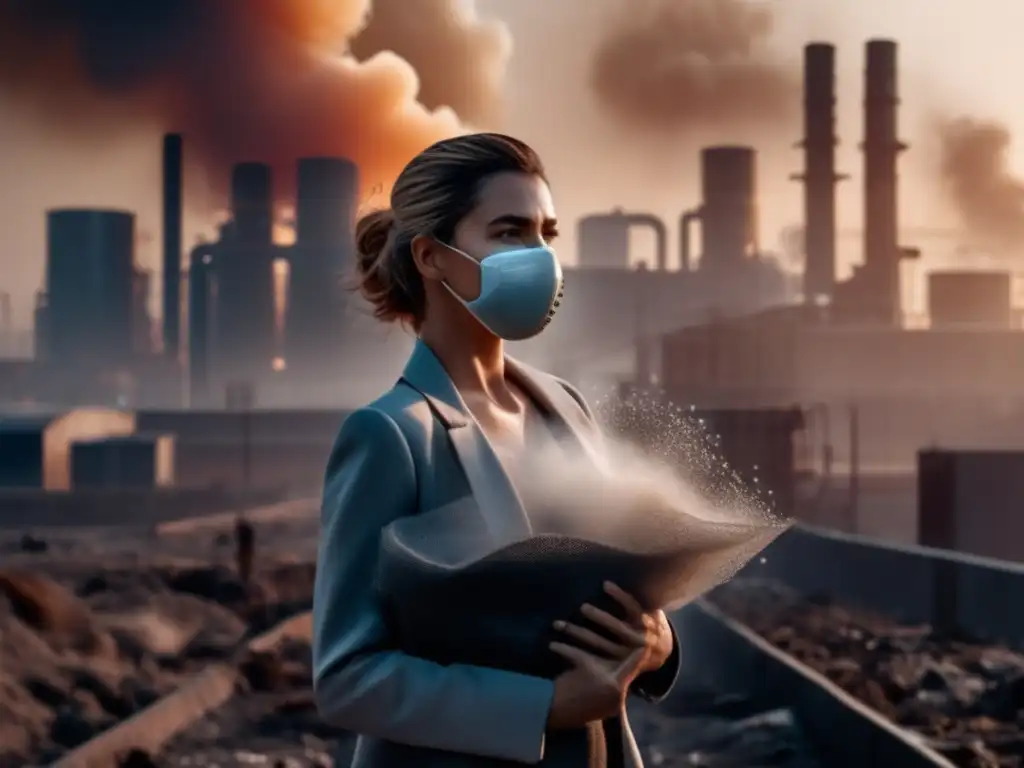 Una mujer en un entorno urbano contaminado protege su piel. <b>Contaminación afecta piel tratamiento.