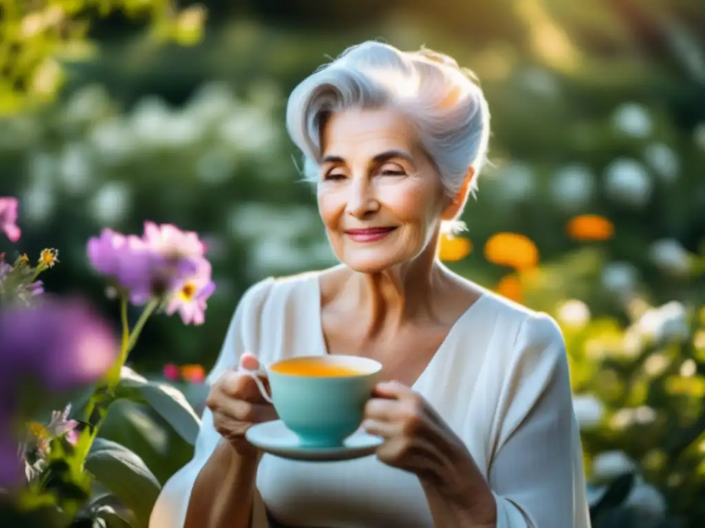 Una mujer mayor disfruta de una taza de té en un jardín soleado, rodeada de flores. <b>La atmósfera es serena y rejuvenecedora, desmintiendo mitos sobre longevidad con el ayuno intermitente.