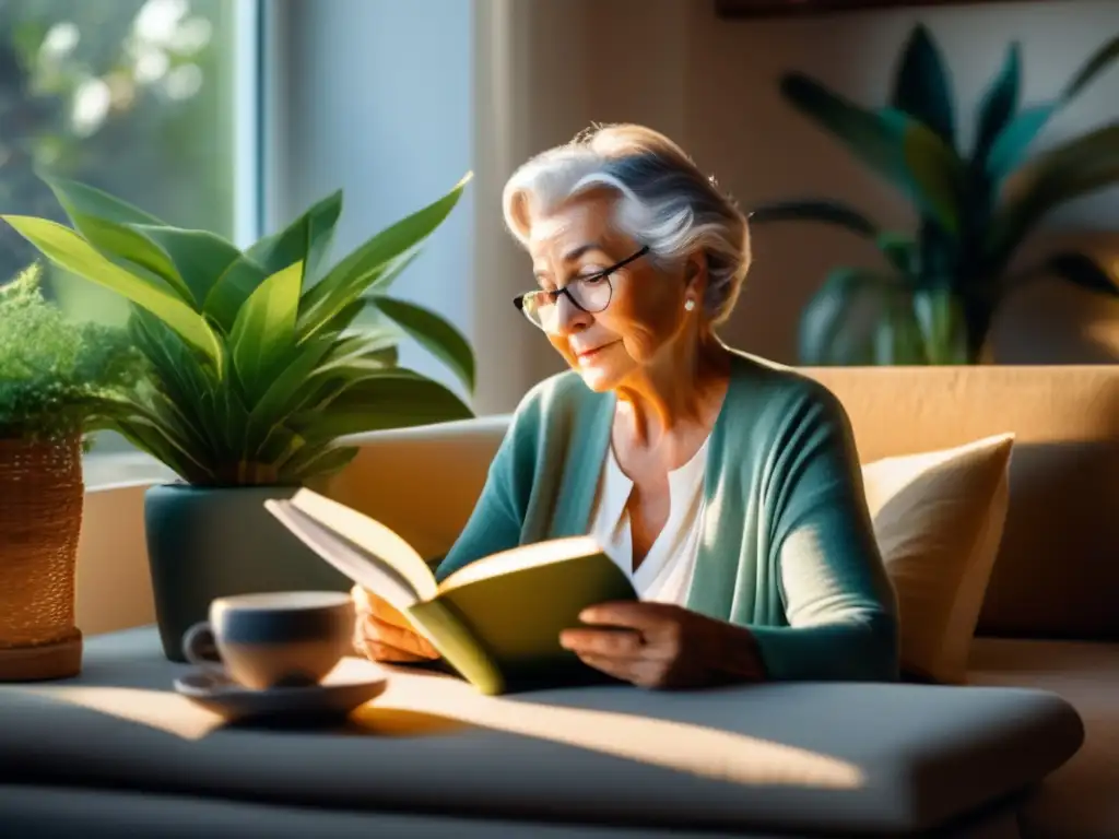 Una mujer mayor lee un libro en una habitación soleada con plantas verdes, representaciones de la vejez fuerte.