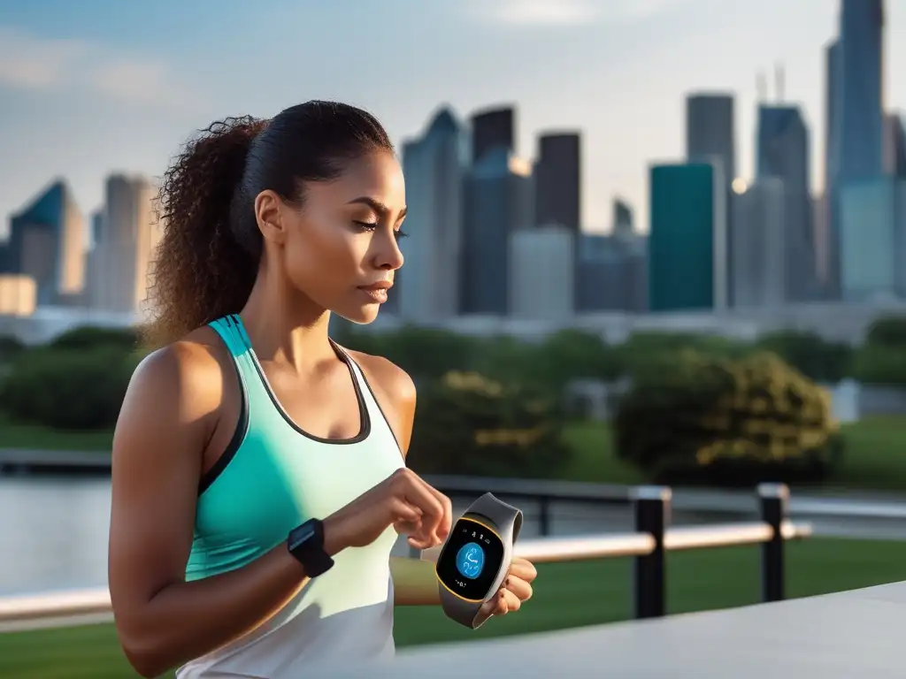 Una mujer en ropa deportiva frente a una pantalla digital con datos de salud, con el horizonte de la ciudad de fondo. <b>Comprueba su reloj inteligente con expresión determinada.</b> <b>Coaching para vida saludable digital.