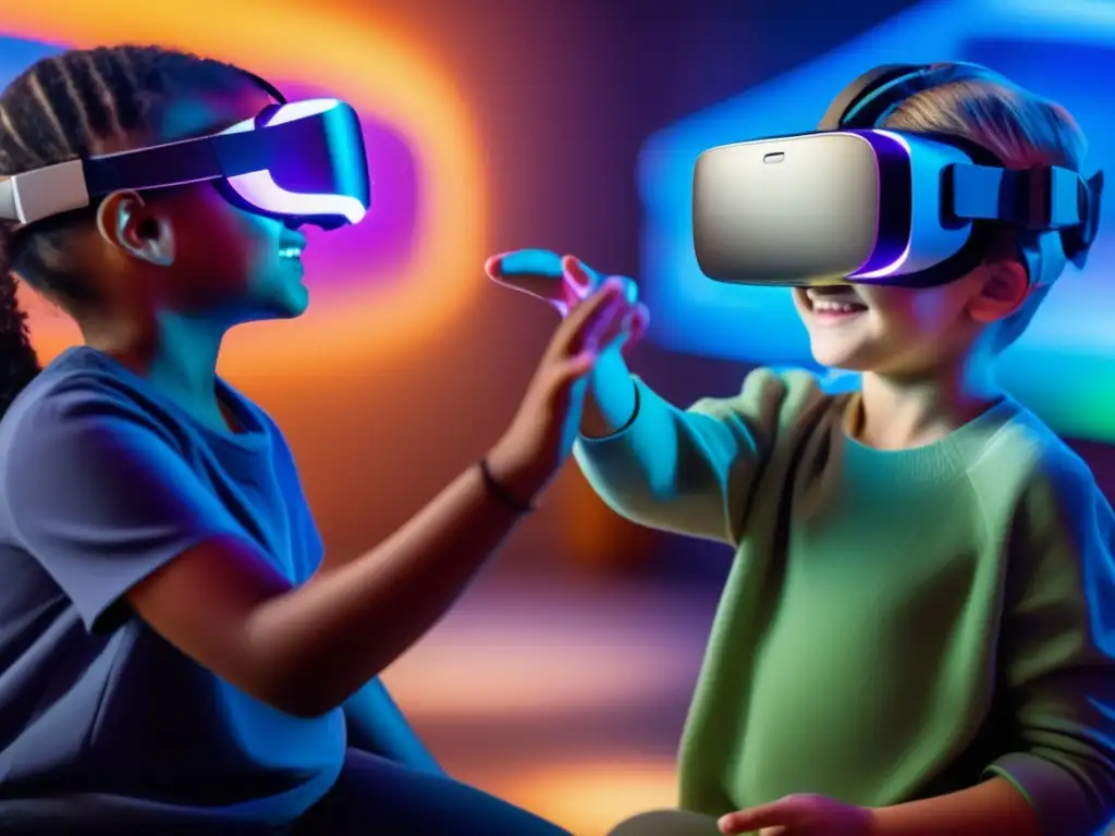 Un niño con autismo disfruta de terapia sensorial con realidad virtual, rodeado de un paisaje digital futurista. <b>Avances en terapia sensorial autismo.