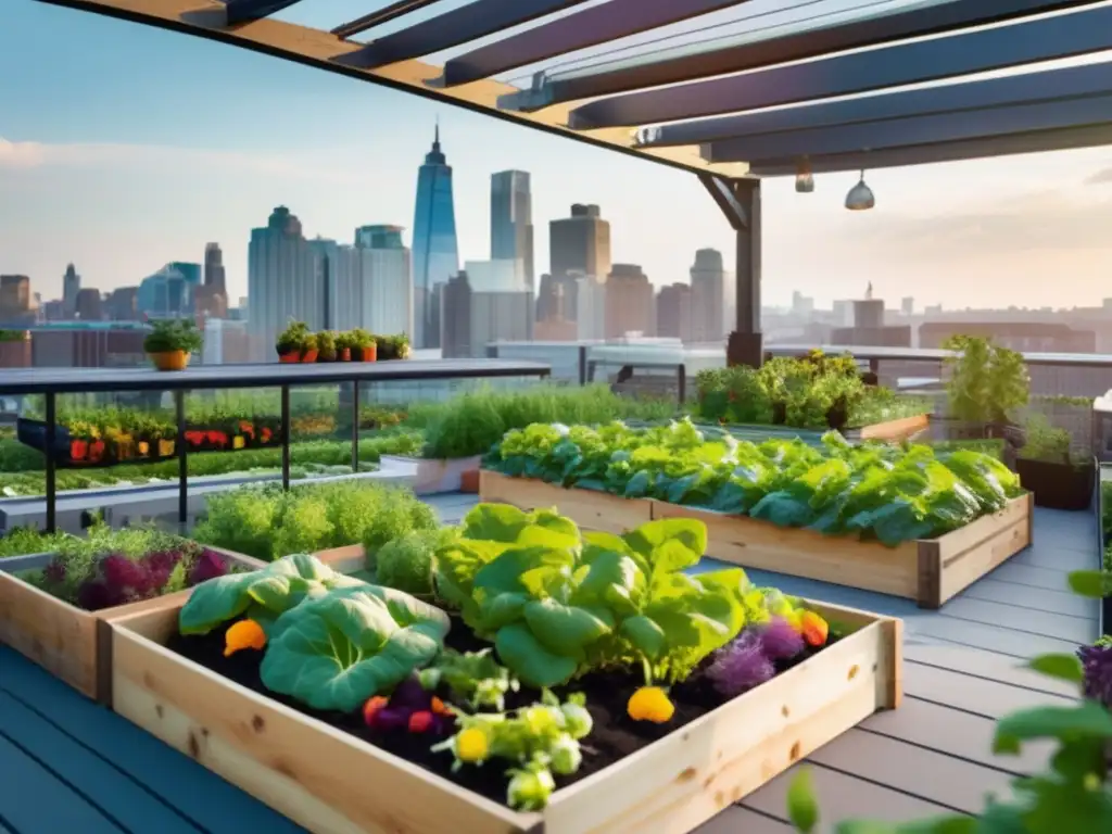 Un oasis de biodiversidad urbana, con frutas y hortalizas coloridas en armonía con la ciudad. <b>Beneficios agricultura urbana longevidad.