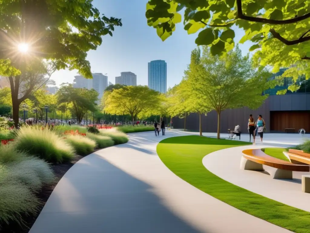 Un oasis urbano moderno y sereno con vegetación exuberante, senderos sinuosos y flores vibrantes. <b>Personas de todas las edades disfrutan de actividades al aire libre.</b> Bancos minimalistas y esculturas contemporáneas crean una armonía entre la naturaleza y el diseño moderno, mientras los rascaciel