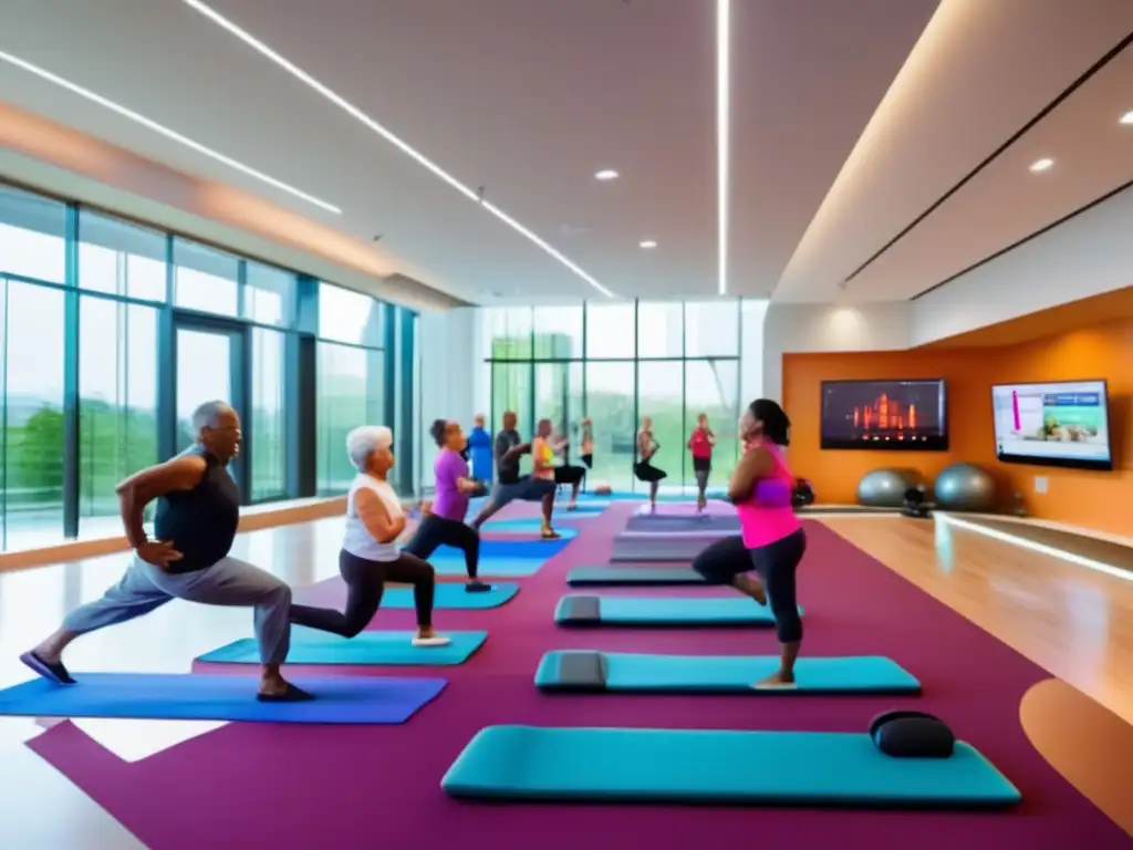 Un oasis de vitalidad y tecnología para longevidad saludable. <b>Personas mayores disfrutan de diversas actividades en un centro futurista de bienestar.