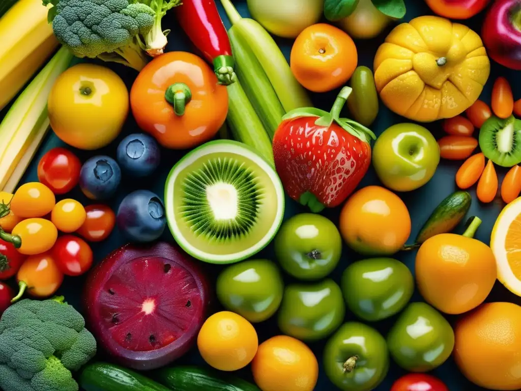 Una obra maestra de colores y texturas en frutas y verduras, destacando la diversidad genética en la dieta.