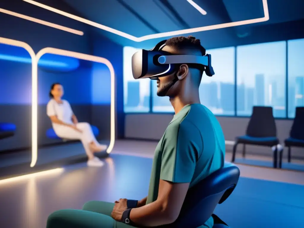 'Paciente usando realidad virtual en fisioterapia, centro futurista, tecnología avanzada'.