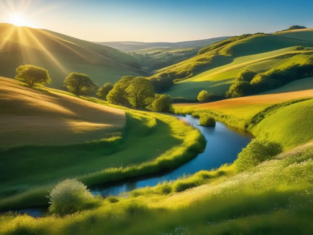 Un paisaje exuberante bañado por la luz dorada del sol, transmite tranquilidad y belleza natural, promoviendo la relación clima longevidad vitamina D.