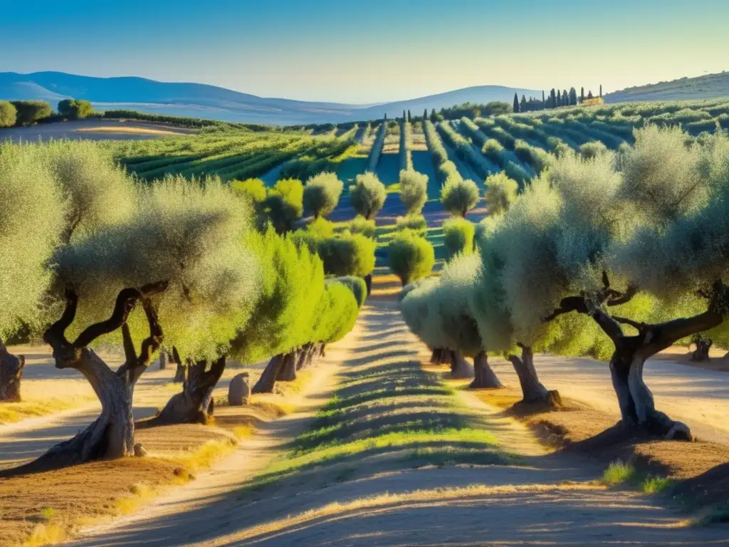 Un paisaje exuberante de un olivar con árboles frondosos y frutos maduros. <b>La luz del sol crea sombras en el suelo fértil.</b> <b>Beneficios del aceite de oliva para longevidad.